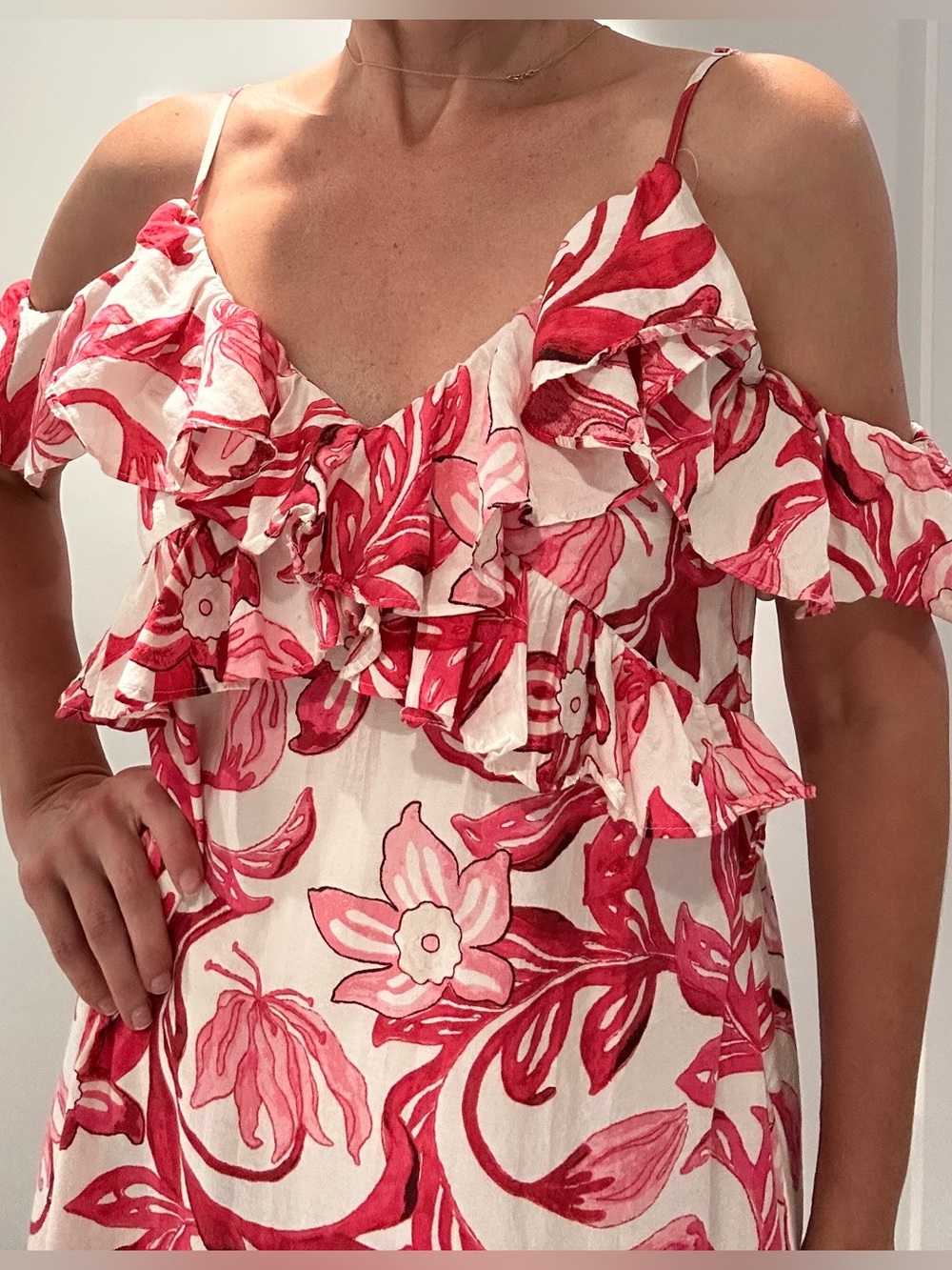 H&M Pink and White Off the Shoulder Ruffle Floral Dress